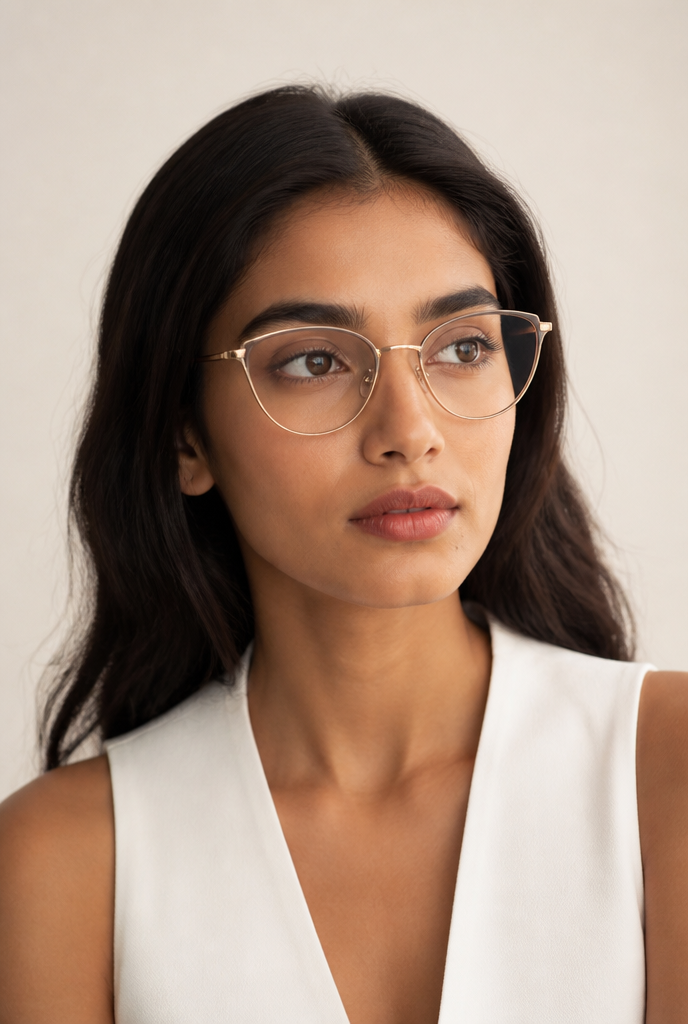 Indian female model wearing Milano Cat-Eye Gold titanium eyeglasses — Eyesquare Optical