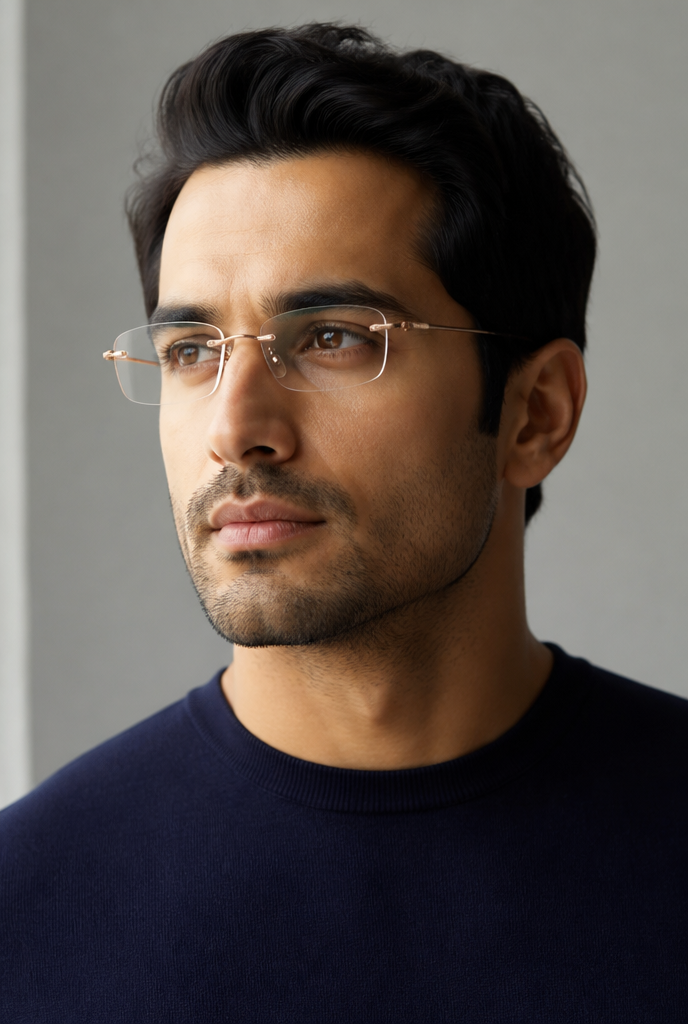 Indian male model wearing Milano Rimless Square Rose Gold titanium eyeglasses — Eyesquare Optical
